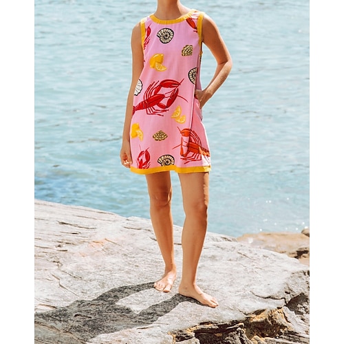  Damen Minikleid Baumwoll-Leinen-Kleider Freizeitkleid Mode Outdoor Party Ferien Normale Passform Tiermotiv Ärmellos Rundhalsausschnitt Rosa Sommer