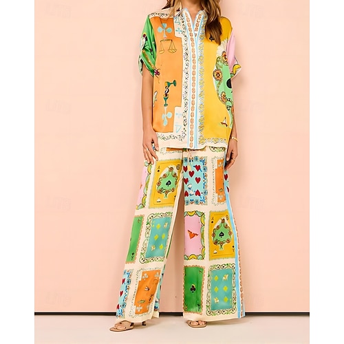  Femmes Mode Streetwear Chemises en coton et lin Ensembles en coton et lin Ensembles de Pantalons Manche Courte Col de chemise Bloc de Couleur Impression Imprimé Tenue quotidienne Date Jaune Été Coupe