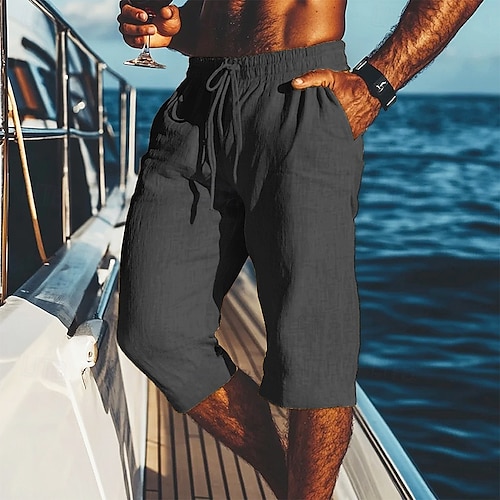  Men's Shorts Linen Shorts Summer Shorts Beach Shorts Pocket Drawstring Elastic Waist Plain Comfort Breathable Calf-Length Vacation Holiday Beach Hawaiian Boho Black White