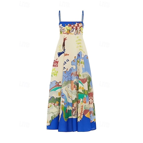  Dámské Dlouhé šaty Maxi šaty Bavlněné lněné šaty Volnočasové šaty Slip Dress Módní Venkovní Párty Dovolená Běžný Tropický vzhled Bez rukávů Špagetová ramínka Žlutá Vodní modrá Oranžová Léto