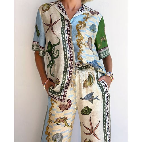  Femmes Mode Streetwear Chemises en coton et lin Ensembles en coton et lin Ensembles de Pantalons Manche Courte Col de chemise Impression Imprimé Tenue quotidienne Date Bleu Été Coupe régulière