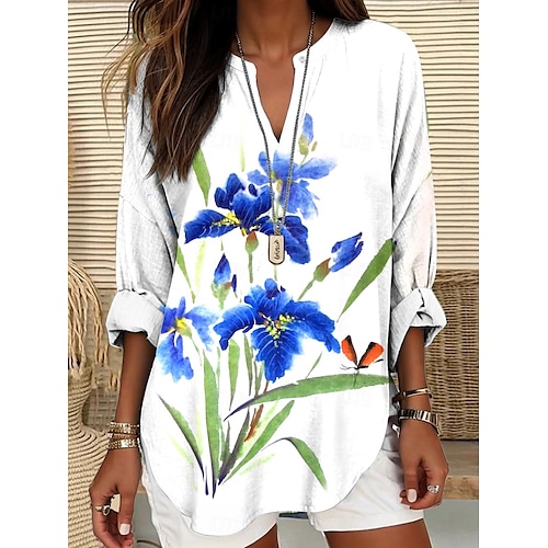  Femmes Chemisier Fleuri Graphique Élégant ancien Quotidien manche longue Col en V Hauts Réguliers Quotidien Fête Tenue de plage Imprimé Blanche Rose Claire Bleu Bleu Poudré Violet Été Printemps