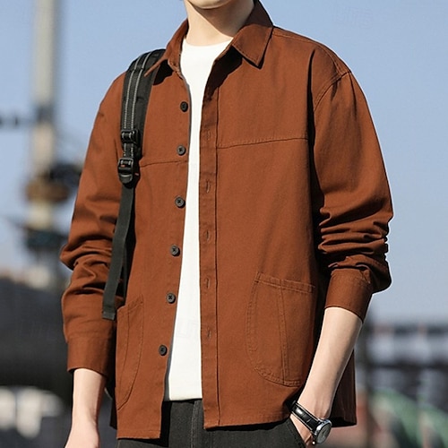  Per uomo Camicia Camicia casual Giacca camicia Semplice Vacanza Abbigliamento quotidiano Nero Arancione Verde militare Caffè Manica Lunga Bavero Primavera Autunno Abbigliamento Tasca