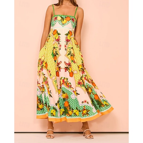 Damen Langes Kleid Maxikleid Baumwoll-Leinen-Kleider Freizeitkleid Unterkleid Mode Outdoor Party Ferien Normale Passform Frucht Ärmellos Spaghettiträger Gelb Sommer