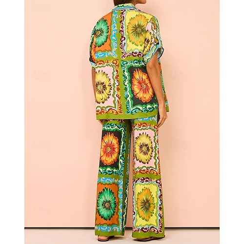  Femmes Mode Streetwear Chemises en coton et lin Ensembles de Pantalons Manche Courte Col de chemise Fleuri Imprimé Tenue quotidienne Date Vert Été Coupe régulière