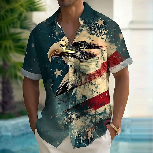  Independence Day Men's American US Flag Eagle Saint Patrick Day Shirt Summer Shirt Button Up Shirt Short Sleeve Fashion Casual Holiday Summer Spring Turndown 3D Print Collared Shirts Front One Pocket