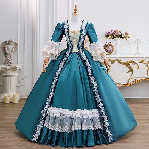 blue rococo dress Ball Gown V-Neck 3/4 Length Sleeves Floor-Length Victorian Party Cosplay Costume Masquerade Rococo Prom Dress, One-Size / Blue