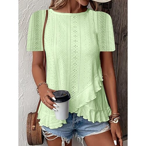  Women's T Shirt Solid Color Plain Basic Casual Short Sleeve Crew Neck Regular Tops Daily Weekend Ruffle Eyelet White Yellow Pink Green Summer