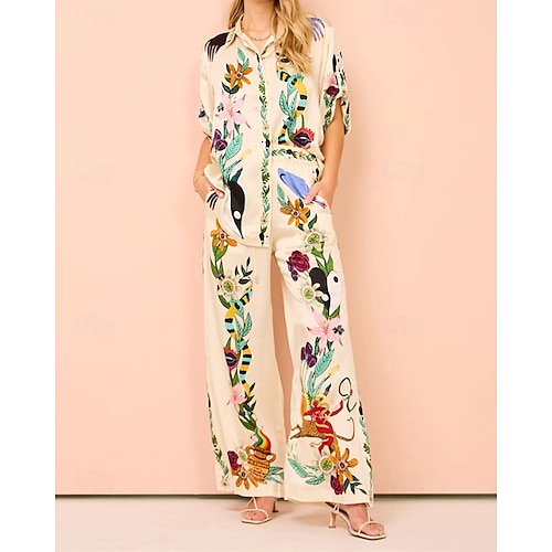  Femmes Mode Streetwear Ensembles de Pantalons Manche Courte Col de chemise Fleuri Imprimé Tenue quotidienne Date Beige Été Coupe régulière