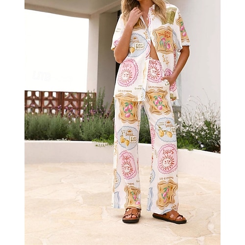  Femmes Mode Streetwear Ensembles en coton et lin Ensembles de Pantalons Manche Courte Col de chemise Usine Imprimé Tenue quotidienne Date Blanche Été Coupe régulière