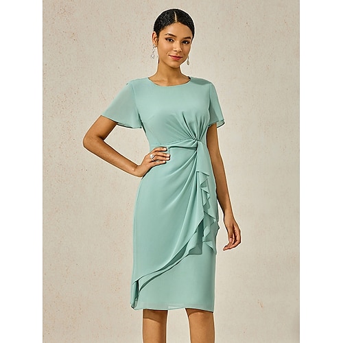  Mulheres Vestido midi Vestido Em Camadas Elegante Formal Borboleta Convidado do casamento Coquetel Normal Tecido Manga Curta Gola Redonda Verde Sage Verão