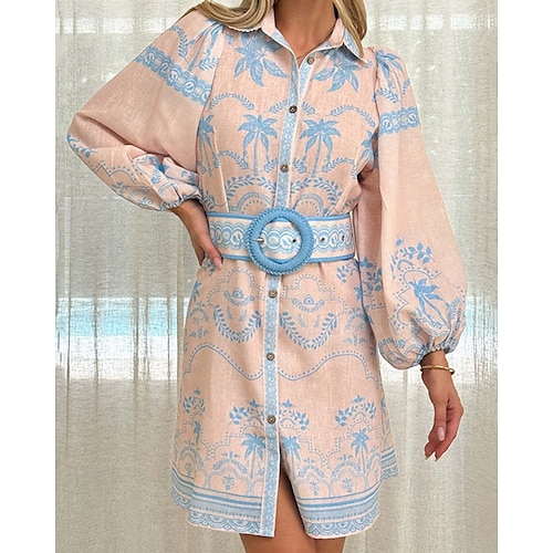  Damen Langes Kleid Maxikleid Baumwoll-Leinen-Kleider Freizeitkleid Mode Outdoor Party Ferien Normale Passform Blume Langarm Hemdkragen Rosa Blau Sommer