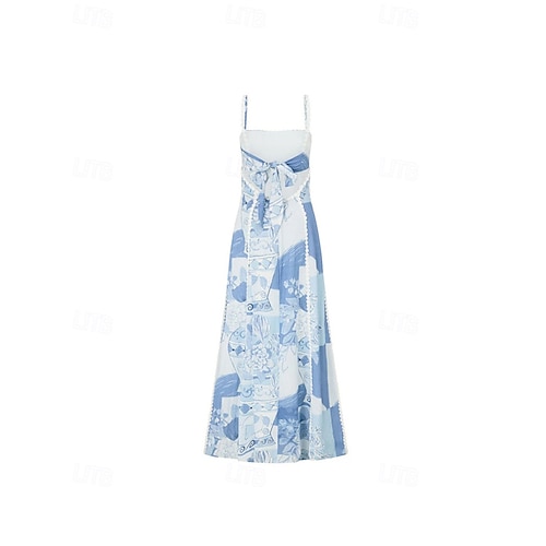 Damen Langes Kleid Maxikleid Baumwoll-Leinen-Kleider Freizeitkleid Mode Outdoor Party Ferien Normale Passform Blume Kurzarm Spaghettiträger Blau Sommer