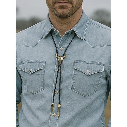 Bolotie-Halskette für Herren mit Stierkopf – Western-Kuhschädel-Anhänger mit geflochtener Lederschnur, Accessoire im Vintage-Cowboy-Stil für Country-Konzerte, Rodeos und den Alltag