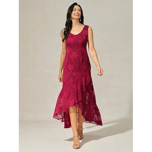  Femmes Robe maxi Robe à Volants Élégant Mariage robe demoiselle d honneur Soirée Coupe régulière Fleuri Sans manches Col en U Rouge Été Printemps
