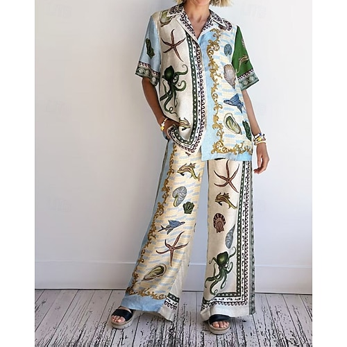  Femmes Mode Streetwear Chemises en coton et lin Ensembles en coton et lin Ensembles de Pantalons Manche Courte Col de chemise Impression Imprimé Tenue quotidienne Date Bleu Été Coupe régulière