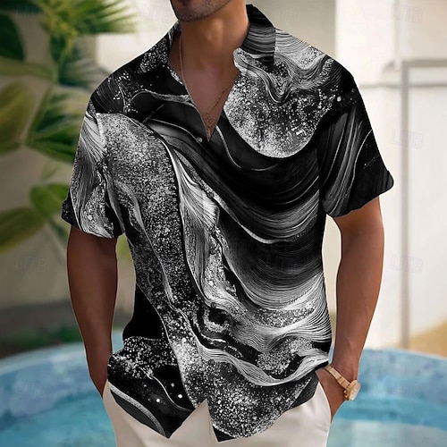  Per uomo Lusso Astratto Marmo Camicia Camicia con Bottoni Manica Corta Moda Casual Vacanza Ferie Abbigliamento casual alla moda Estate Primavera Collo ripiegato Stampa 3D camicie con colletto Nero