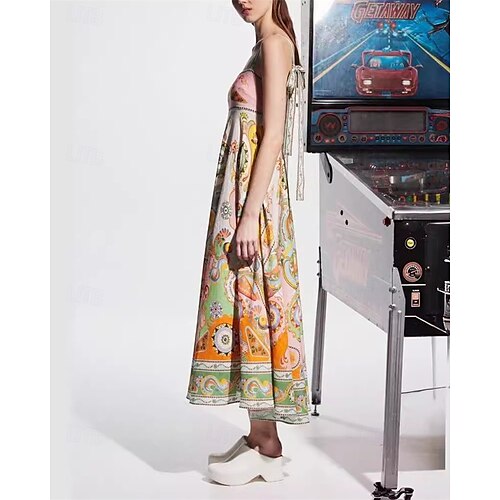  Damen Langes Kleid Maxikleid Baumwoll-Leinen-Kleider Freizeitkleid Mode Outdoor Party Ferien Normale Passform Ethnisch Kurzarm Träger Gelb Sommer