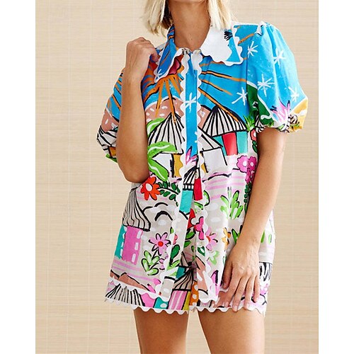  Femmes Mode Streetwear Ensembles en coton et lin Ensembles de Shorts Manche Courte Col de chemise Fleuri Imprimé Tenue quotidienne Date Bleu Été Coupe régulière