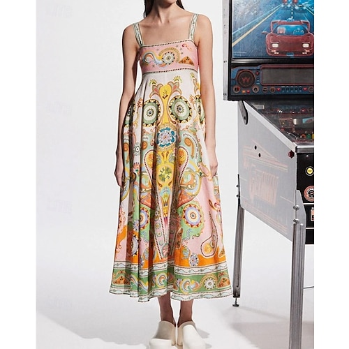  Damen Langes Kleid Maxikleid Baumwoll-Leinen-Kleider Freizeitkleid Mode Outdoor Party Ferien Normale Passform Ethnisch Kurzarm Träger Gelb Sommer