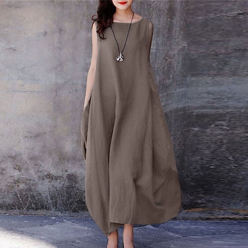 Femmes Violet Marron Bleu de minuit Été Printemps Robe maxi Robes en coton et lin Robe Décontractée Robe en coton et lin Basique Occasionnel Mature Extérieur Vacances Quotidien Coupe Ample Couleur