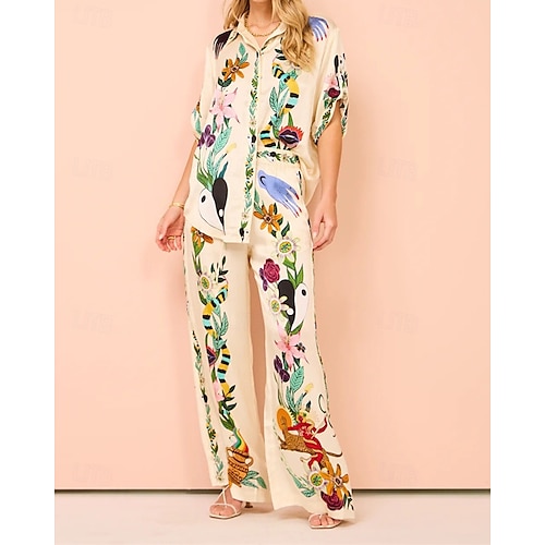  Femmes Mode Streetwear Ensembles de Pantalons Manche Courte Col de chemise Fleuri Imprimé Tenue quotidienne Date Beige Été Coupe régulière