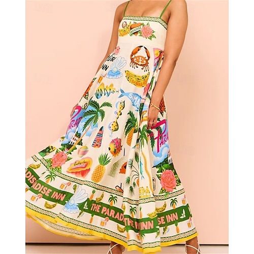  Dámské Dlouhé šaty Maxi šaty Bavlněné lněné šaty Volnočasové šaty Slip Dress Módní Venkovní Párty Dovolená Běžný Tropický vzhled Bez rukávů Špagetová ramínka Žlutá Vodní modrá Oranžová Léto