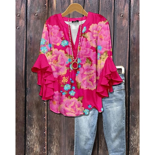  Damen T Shirt T-Shirt Blumen Grafik Mode Modern Halbarm V Ausschnitt Normale Oberteile Täglich Ausgehen Rüsche Druck Rote Blau Purpur Sommer Frühling
