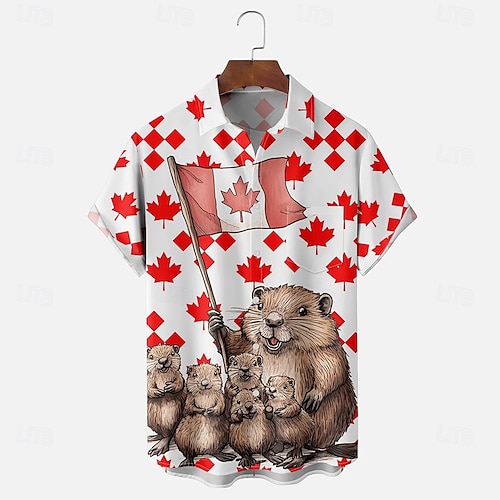  Canada Day Men's Flag Maple Leaf Beaver Shirt Summer Shirt Button Up Shirt Short Sleeve Fashion Casual Holiday Summer Spring Turndown 3D Print Collared Shirts Front One Pocket White