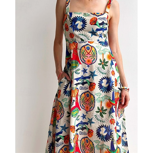  Damen Langes Kleid Maxikleid Baumwoll-Leinen-Kleider Freizeitkleid Mode Outdoor Party Ferien Normale Passform Landschaft Ärmellos Träger Gelb Sommer