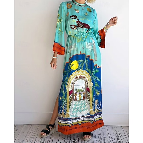  Damen Langes Kleid Maxikleid Baumwoll-Leinen-Kleider Freizeitkleid Mode Outdoor Party Ferien Normale Passform Landschaft Langarm Rundhalsausschnitt Blau Sommer