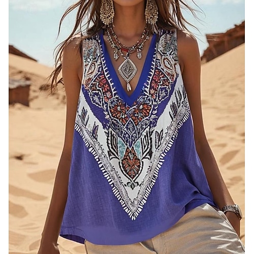  Pentru femei Camisole Tank Top Floral Grafic Boemia Zilnic Έθνικ Fără manșon În V Topuri obișnuite Zilnic Concediu Ieșire Albastru piscină Vară Primăvară