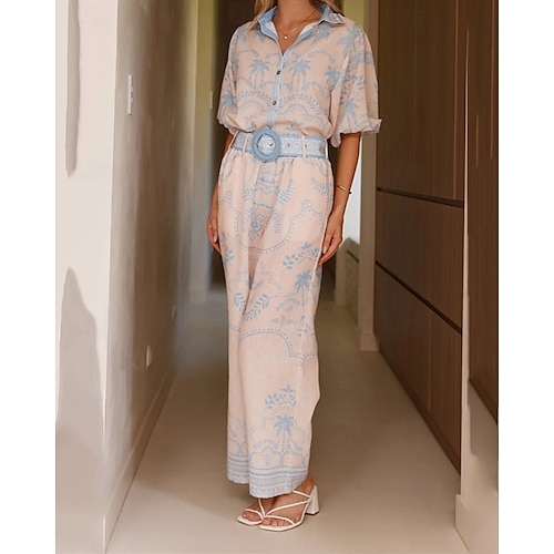  Per donna Moda Streetwear Set di biancheria in cotone Set di Pantaloni Manica Corta Colletto a Camicia Floreale Stampato Abbigliamento quotidiano Data Rosa Blu Estate Vestibilità regolare