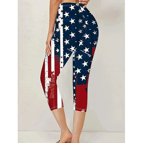  Självständighetsdagen Kvinnors patriotiska fjärde juli leggings capribyxor hög elasticitet strandshorts vintage mode grundläggande halv-lång hög midja byxor amerikansk grafisk flagga amerikansk