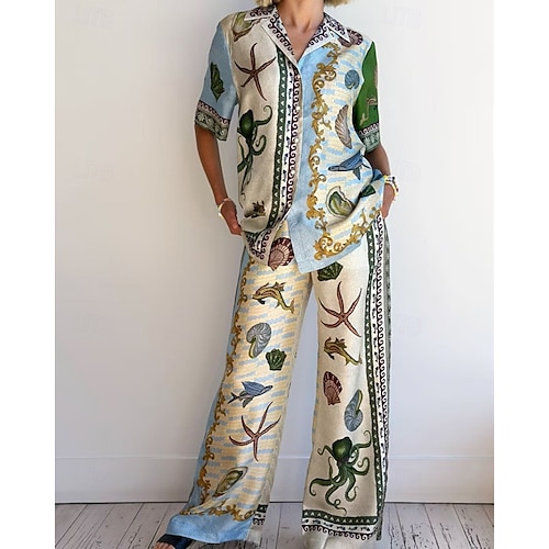  Femmes Mode Streetwear Chemises en coton et lin Ensembles en coton et lin Ensembles de Pantalons Manche Courte Col de chemise Impression Imprimé Tenue quotidienne Date Bleu Été Coupe régulière