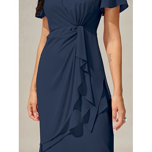  Robe à Plusieurs Couches Femme Robe mi-longue Noeud torsadé robe demoiselle d honneur Soirée Cocktail Elégant Grande occasion Col Ras du Cou Manche Courte Standard Bleu de minuit S M L XL XXL