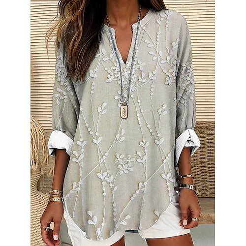  Blouse femme hauts d'été graphique floral vintage tropical hawaïen à manches longues col en V décontractée quotidienne vacances plage imprimé bleu marine bleu violet vert beige printemps été