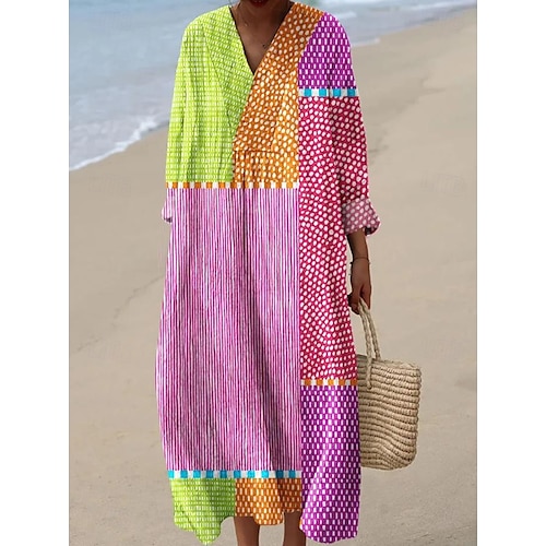  Dames Halflange jurk Zonnejurk A lijn jurk Vakantie Casual Boho Feest Uitgaan Strand Grafisch Geometrisch Streep Lange mouw V-hals As Geel Blozend Roze Oranje Zomer Lente