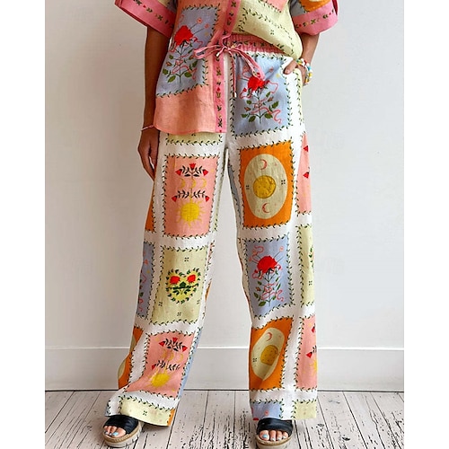  Per donna Moda Streetwear Set di biancheria in cotone Set di Pantaloni Mezza Manica Colletto a Camicia Floreale Stampato Abbigliamento quotidiano Data Rosa Estate Vestibilità regolare