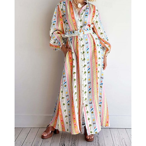  Per donna Abito Lungo Maxi Abito Abiti in cotone e lino Vestito Casual Moda All'aperto Feste Ferie Vestibilità regolare Tropicale Manica Lunga Colletto a Camicia Arancione Estate