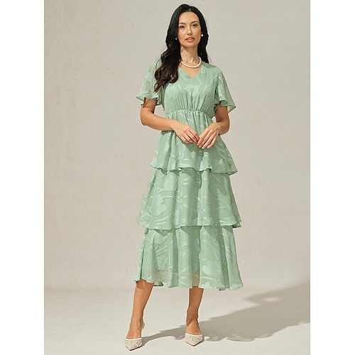  Damen Maxikleid A Linie Kleid Elegant Formell Flattrige Ärmel Hochzeitsgast Cocktailparty Normale Passform Einfach Kurzarm V Ausschnitt Salbeigrün Sommer