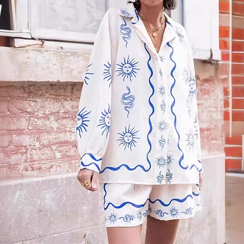  Per donna Moda Streetwear Camicie di cotone e lino Set di biancheria in cotone Set di Pantaloncini Manica Lunga Colletto a Camicia Tinta a nodi Stampato Abbigliamento quotidiano Data Bianco Estate