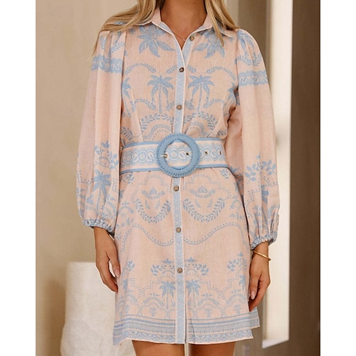  Damen Langes Kleid Maxikleid Baumwoll-Leinen-Kleider Freizeitkleid Mode Outdoor Party Ferien Normale Passform Blume Langarm Hemdkragen Rosa Blau Sommer