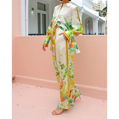  Femmes Mode Streetwear Ensembles de Pantalons manche longue Col de chemise Fleuri Imprimé Tenue quotidienne Date Vert Claire Été Coupe régulière