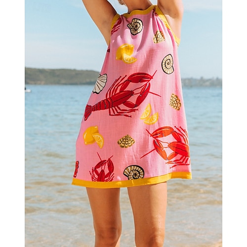  Damen Minikleid Baumwoll-Leinen-Kleider Freizeitkleid Mode Outdoor Party Ferien Normale Passform Tiermotiv Ärmellos Rundhalsausschnitt Rosa Sommer