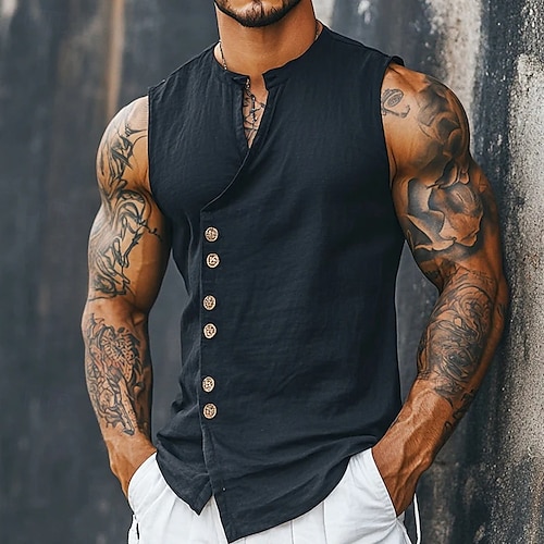 Per uomo Camicia Camicia di lino Camicia Estiva Camicia da Spiaggia Camicia vintage Maglietta senza maniche Semplice Quotidiano Abbigliamento casual alla moda Nero Bianco Azzurro cielo Cachi Senza