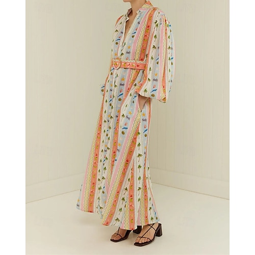  Per donna Abito Lungo Maxi Abito Abiti in cotone e lino Vestito Casual Moda All'aperto Feste Ferie Vestibilità regolare Tropicale Manica Lunga Colletto a Camicia Arancione Estate