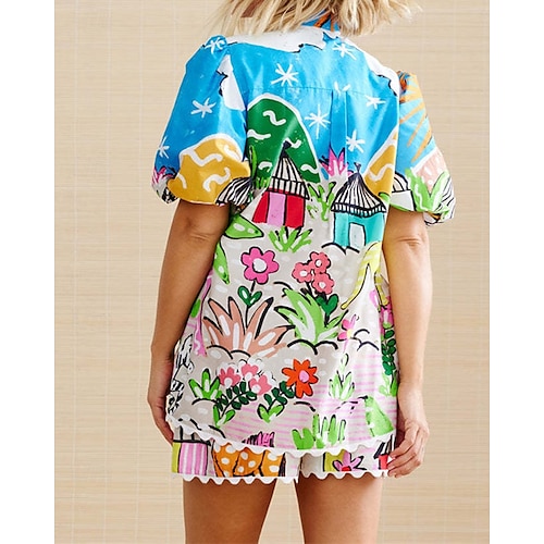  Femmes Mode Streetwear Ensembles en coton et lin Ensembles de Shorts Manche Courte Col de chemise Fleuri Imprimé Tenue quotidienne Date Bleu Été Coupe régulière