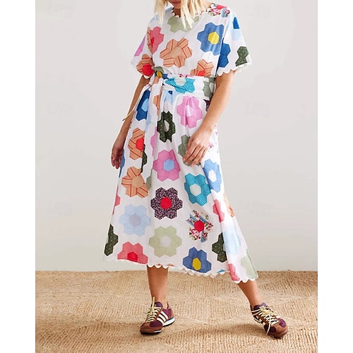  Dam Långklänning Maxiklänning Klänningar i bomullslinne Vardagsklänning Mode Utomhus Fest Helgdag Normal Blomma Kortärmad Rund hals Vit Sommar
