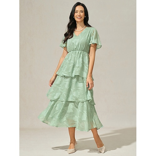  Damen Maxikleid A Linie Kleid Elegant Formell Flattrige Ärmel Hochzeitsgast Cocktailparty Normale Passform Einfach Kurzarm V Ausschnitt Salbeigrün Sommer